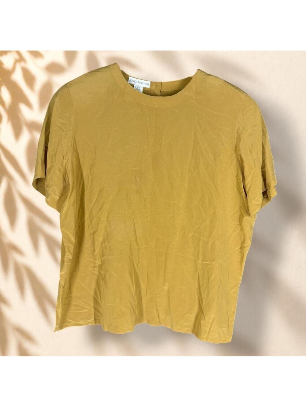 Jones New York Blouse Women 16W Plus Brown Silk Button Short Sleeve Crew Neck